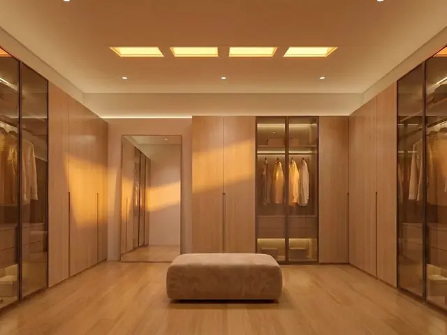 A walk-in dressing room with wood wardrobes, glass-fronted closets and a mirror, lit by four ceiling skylights in a warm sunset tone